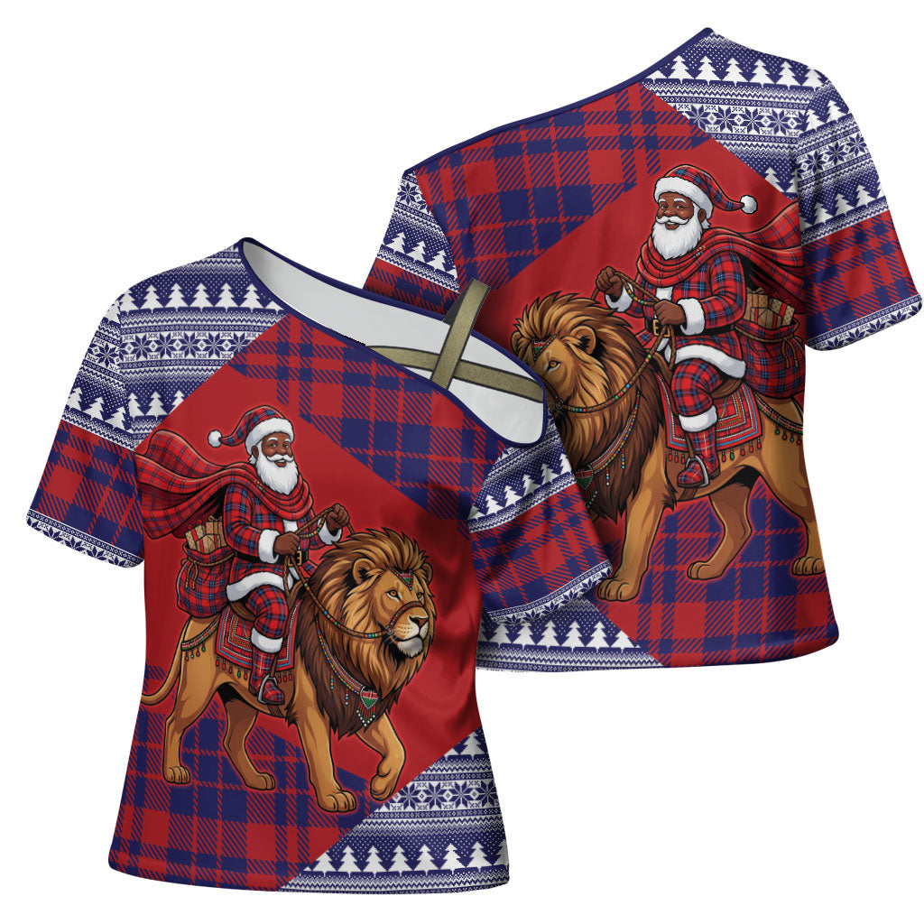 Kenya Christmas Santa Lion Cross Shoulder Shirt Maasai Shuka Inspired Red Check
