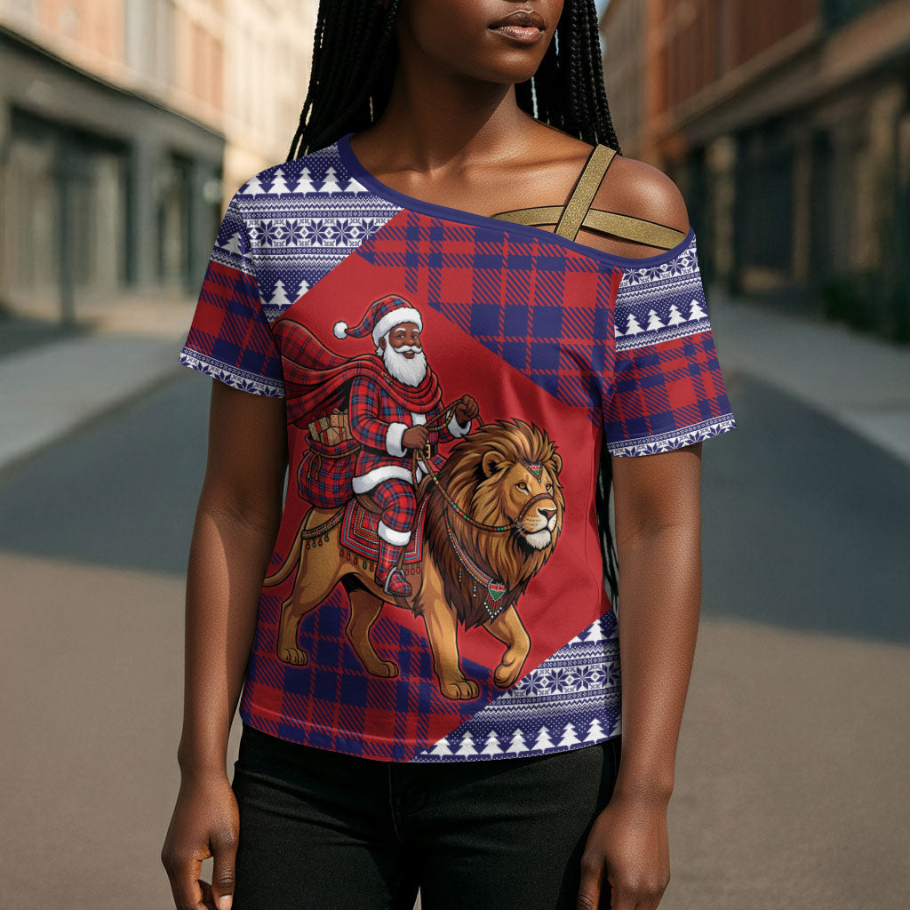 Kenya Christmas Santa Lion Cross Shoulder Shirt Maasai Shuka Inspired Red Check