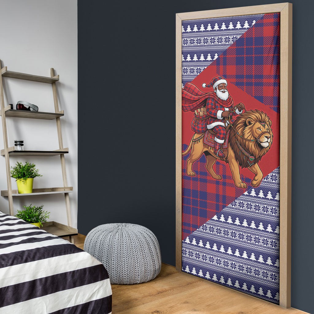 Kenya Christmas Santa Lion Door Cover Maasai Shuka Inspired Red Check