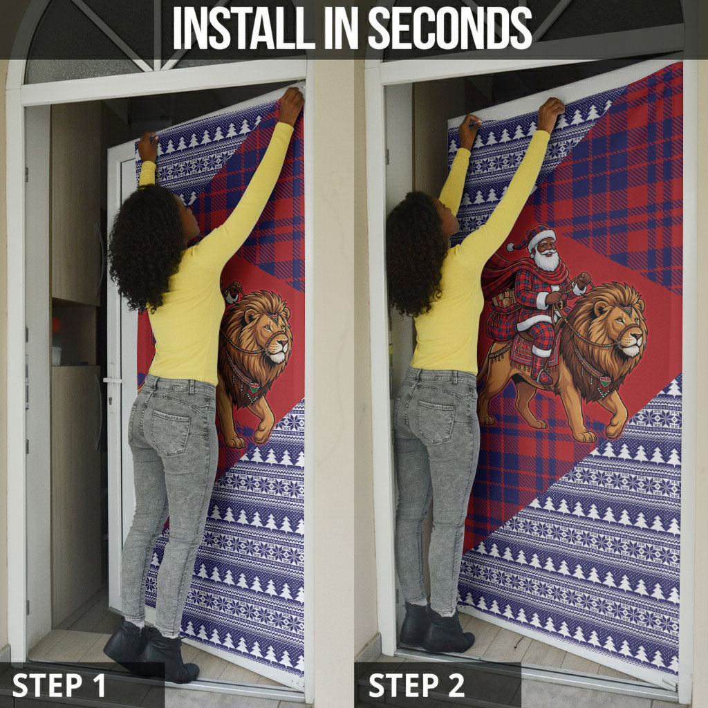 Kenya Christmas Santa Lion Door Cover Maasai Shuka Inspired Red Check