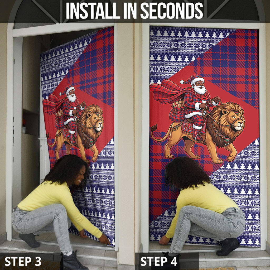 Kenya Christmas Santa Lion Door Cover Maasai Shuka Inspired Red Check