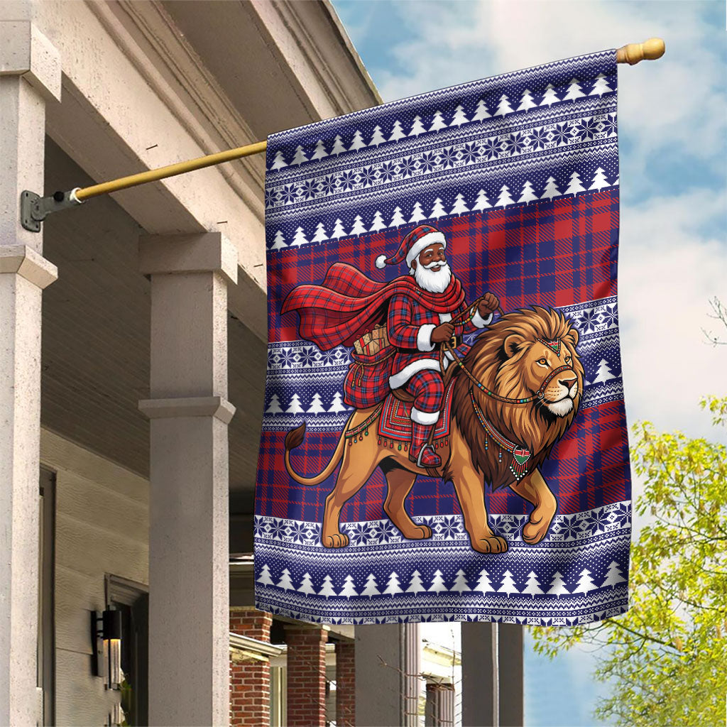 Kenya Christmas Santa Lion Garden Flag Maasai Shuka Inspired Red Check