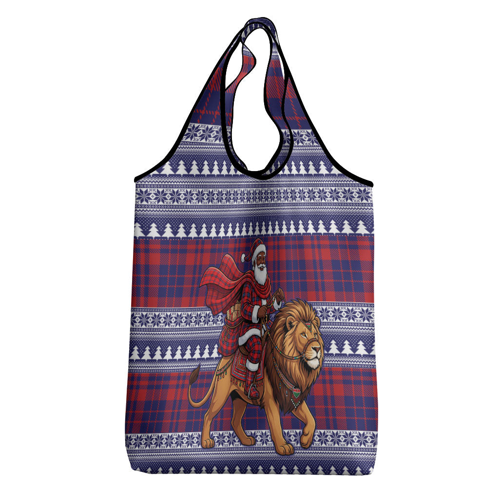 Kenya Christmas Santa Lion Grocery Bag Maasai Shuka Inspired Red Check