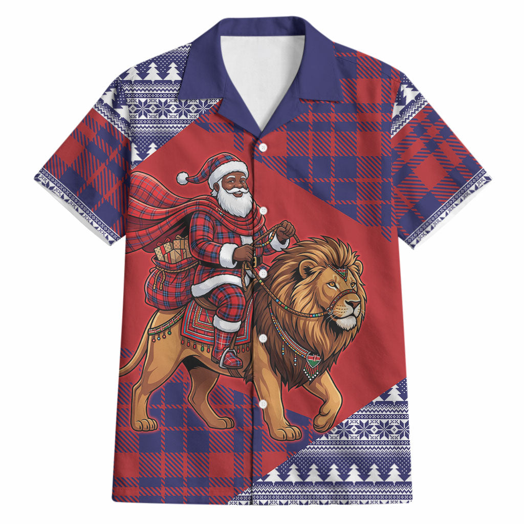 Kenya Christmas Santa Lion Hawaiian Shirt Maasai Shuka Inspired Red Check