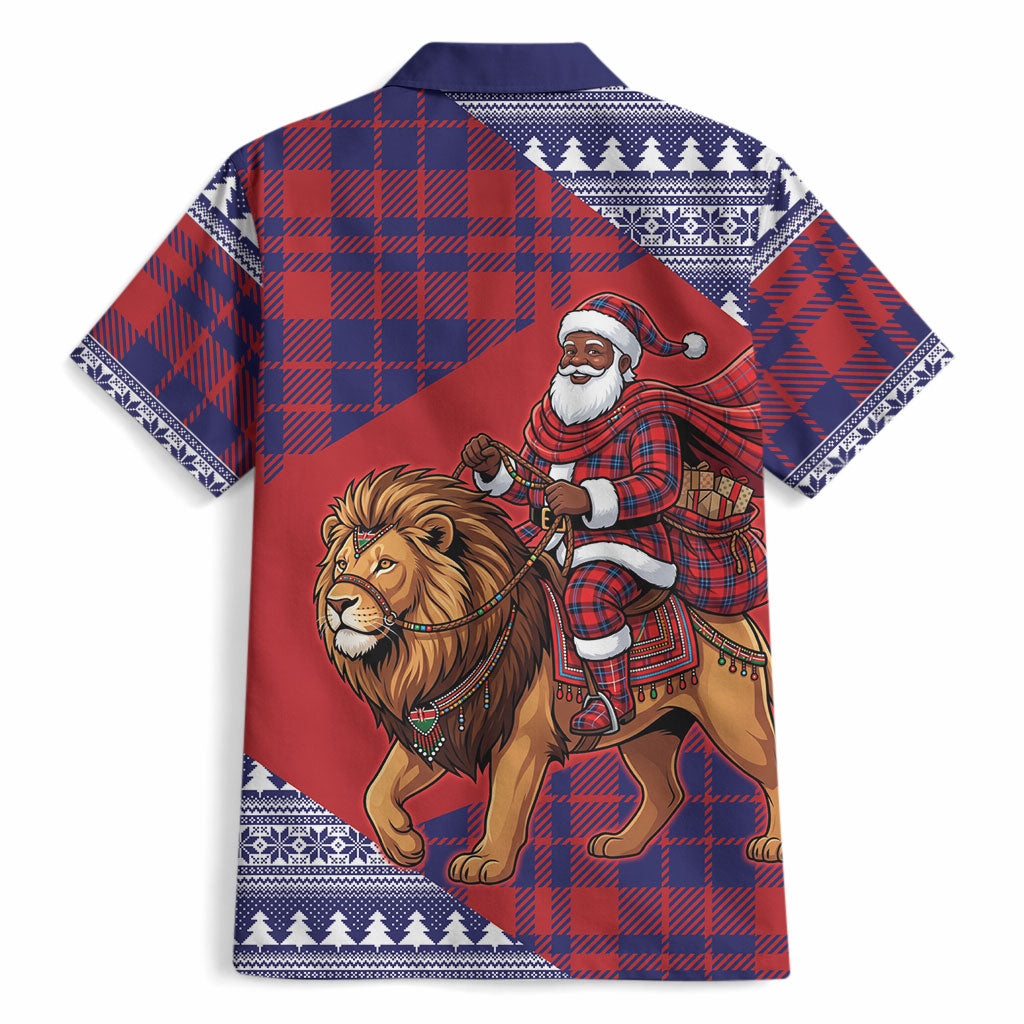 Kenya Christmas Santa Lion Hawaiian Shirt Maasai Shuka Inspired Red Check
