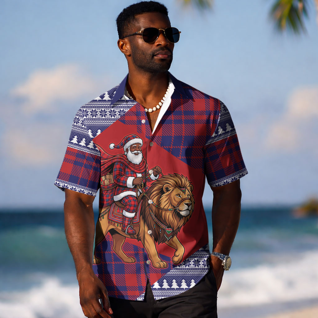 Kenya Christmas Santa Lion Hawaiian Shirt Maasai Shuka Inspired Red Check