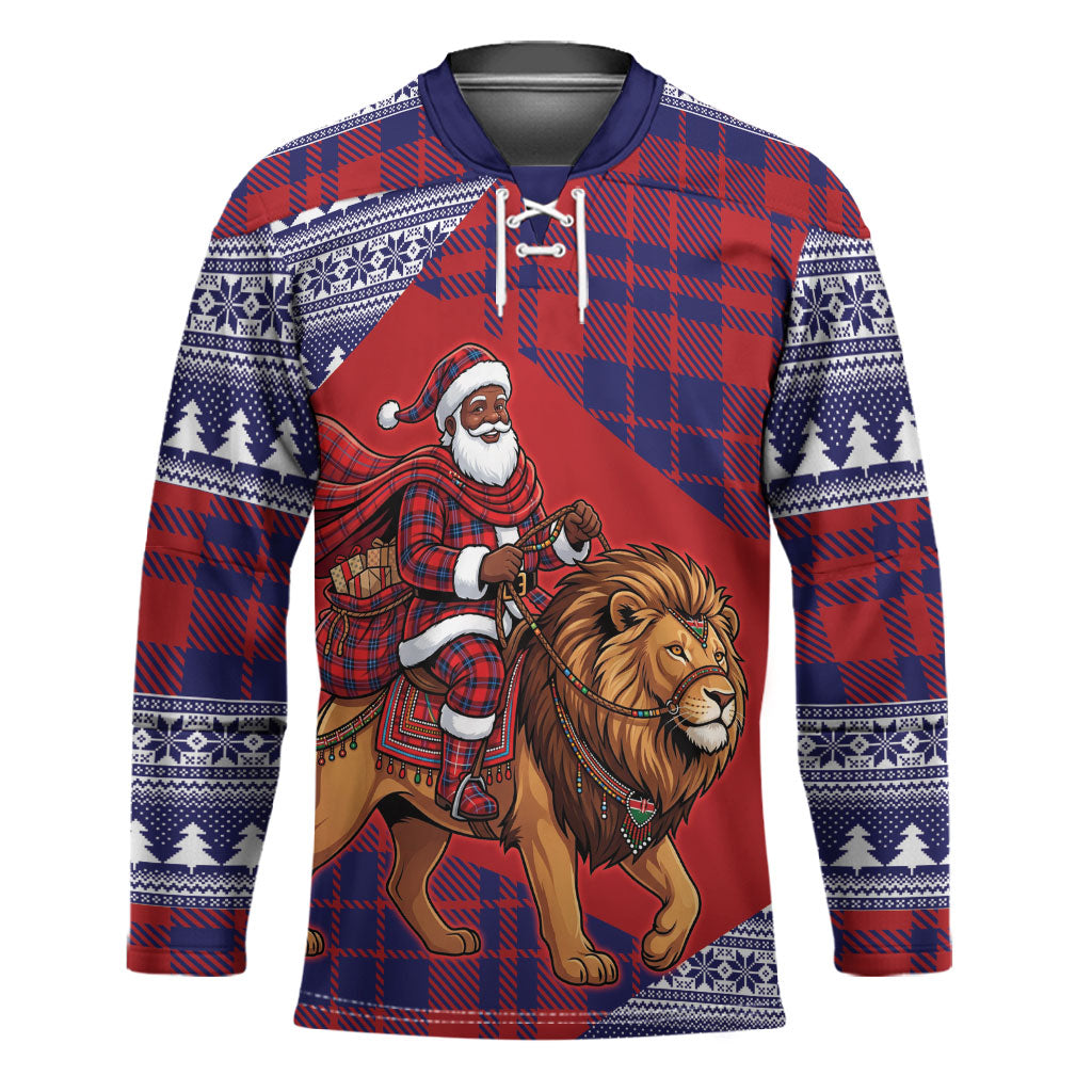 Kenya Christmas Santa Lion Hockey Jersey Maasai Shuka Inspired Red Check