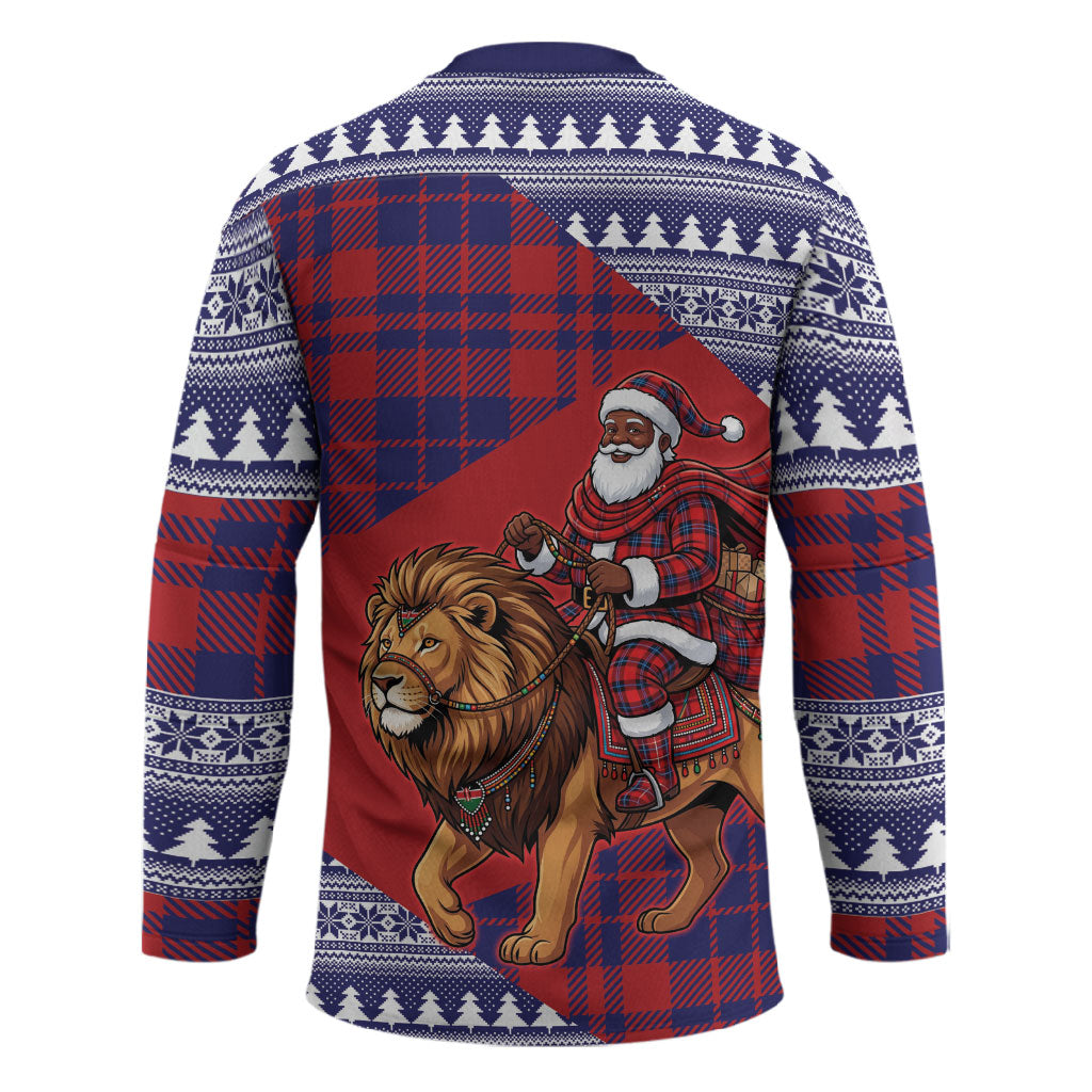 Kenya Christmas Santa Lion Hockey Jersey Maasai Shuka Inspired Red Check