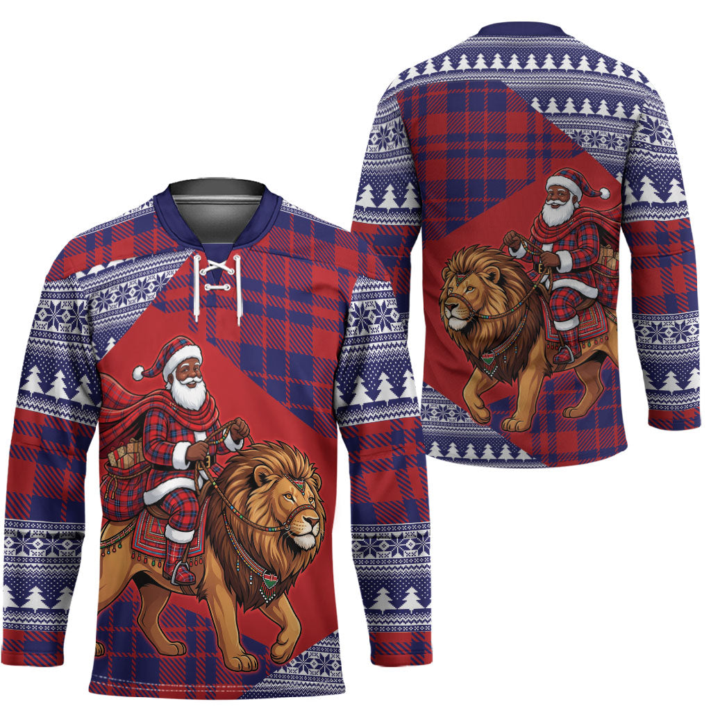 Kenya Christmas Santa Lion Hockey Jersey Maasai Shuka Inspired Red Check