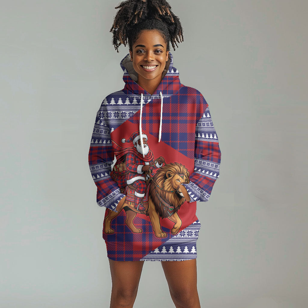 Kenya Christmas Santa Lion Hoodie Dress Maasai Shuka Inspired Red Check