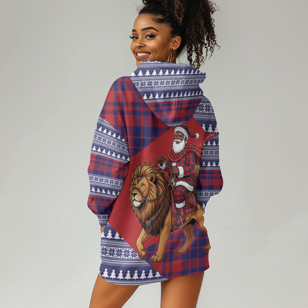Kenya Christmas Santa Lion Hoodie Dress Maasai Shuka Inspired Red Check