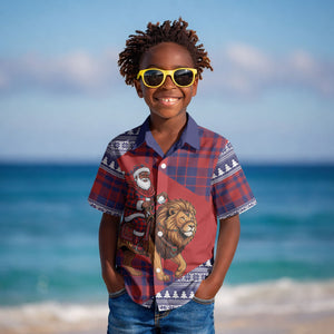 Kenya Christmas Santa Lion Kid Hawaiian Shirt Maasai Shuka Inspired Red Check