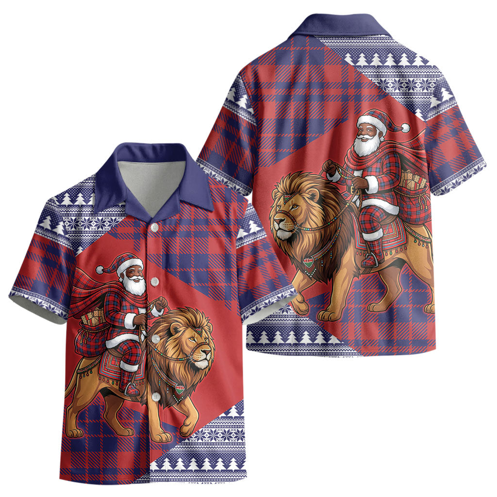 Kenya Christmas Santa Lion Kid Hawaiian Shirt Maasai Shuka Inspired Red Check