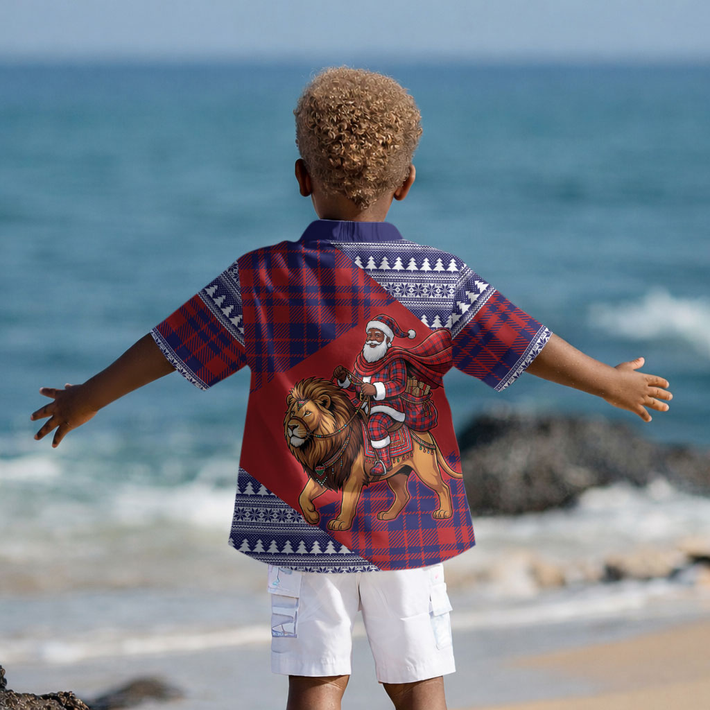 Kenya Christmas Santa Lion Kid Hawaiian Shirt Maasai Shuka Inspired Red Check