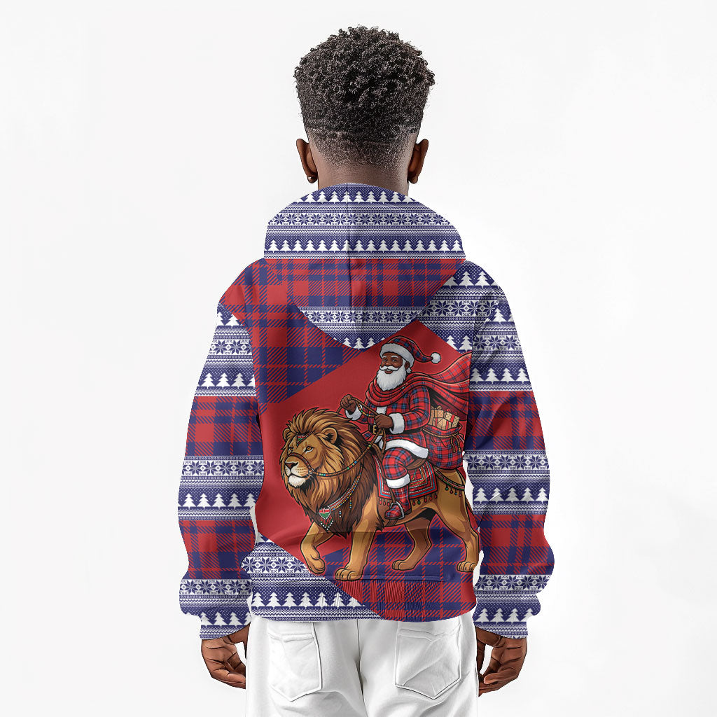 Kenya Christmas Santa Lion Kid Hoodie Maasai Shuka Inspired Red Check