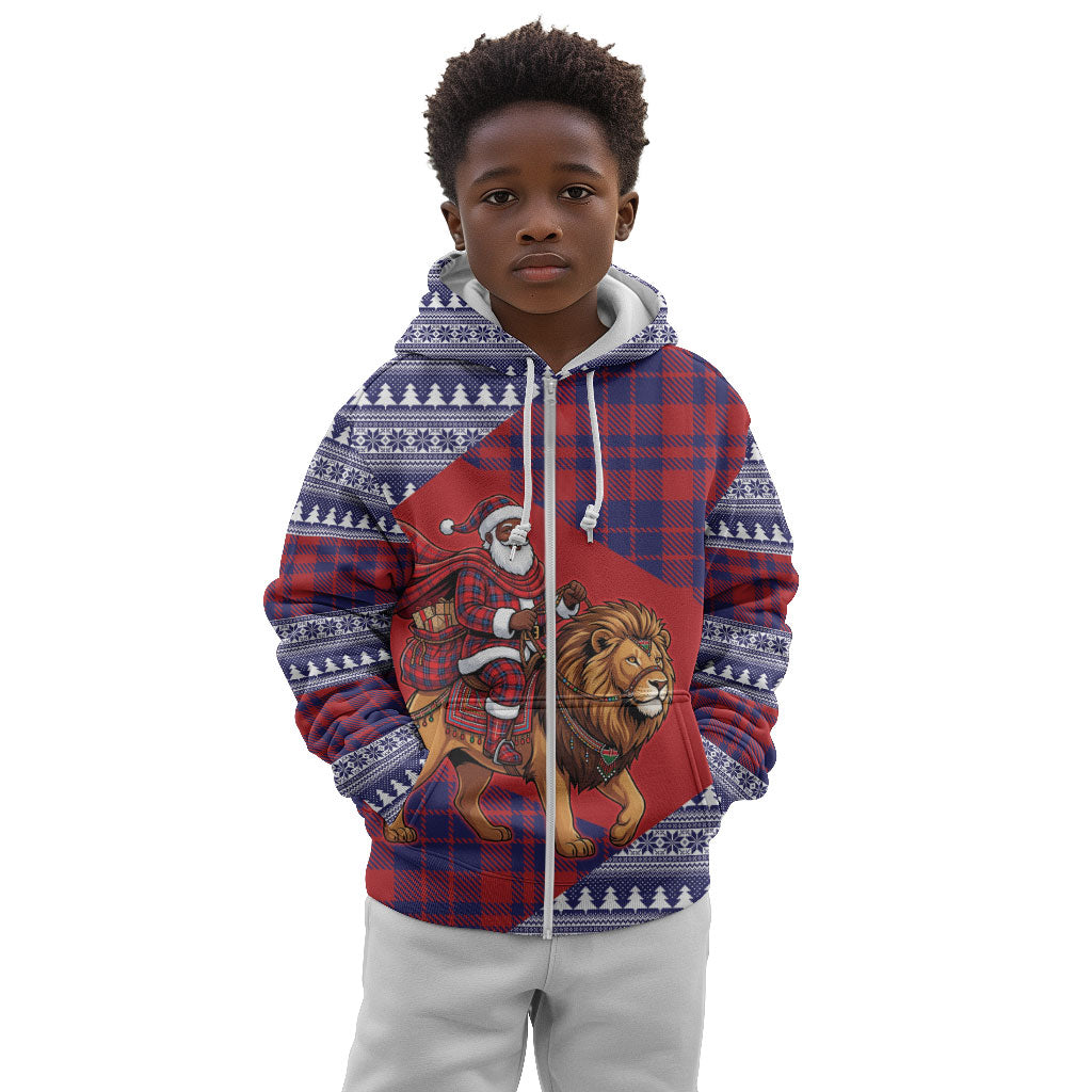 Kenya Christmas Santa Lion Kid Hoodie Maasai Shuka Inspired Red Check