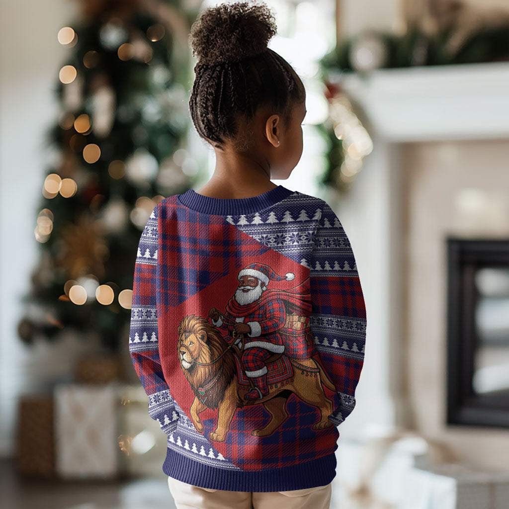 Kenya Christmas Santa Lion Kid Ugly Christmas Sweater Maasai Shuka Inspired Red Check