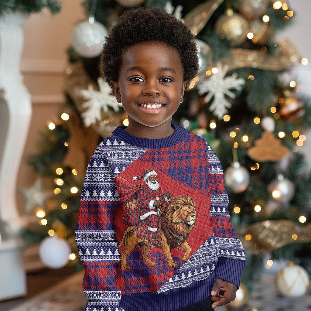 Kenya Christmas Santa Lion Kid Ugly Christmas Sweater Maasai Shuka Inspired Red Check