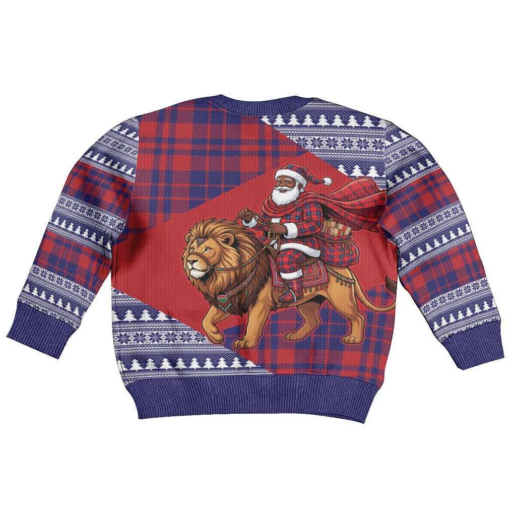 Kenya Christmas Santa Lion Kid Ugly Christmas Sweater Maasai Shuka Inspired Red Check