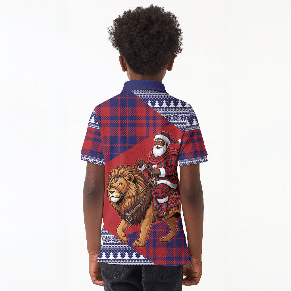 Kenya Christmas Santa Lion Kid Polo Shirt Maasai Shuka Inspired Red Check