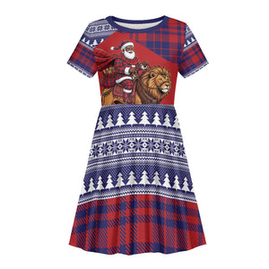 Kenya Christmas Santa Lion Kid Short Sleeve Dress Maasai Shuka Inspired Red Check