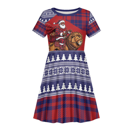 Kenya Christmas Santa Lion Kid Short Sleeve Dress Maasai Shuka Inspired Red Check