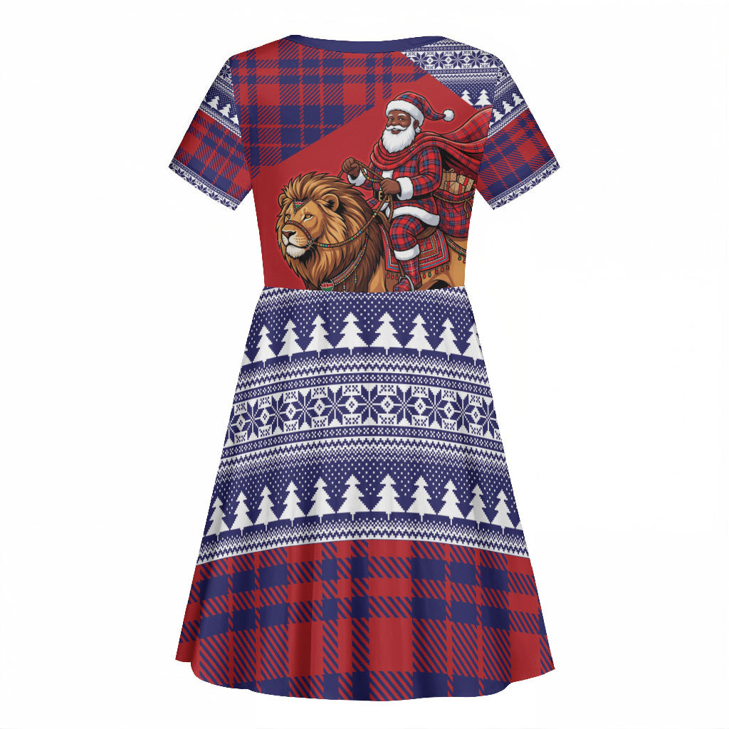 Kenya Christmas Santa Lion Kid Short Sleeve Dress Maasai Shuka Inspired Red Check