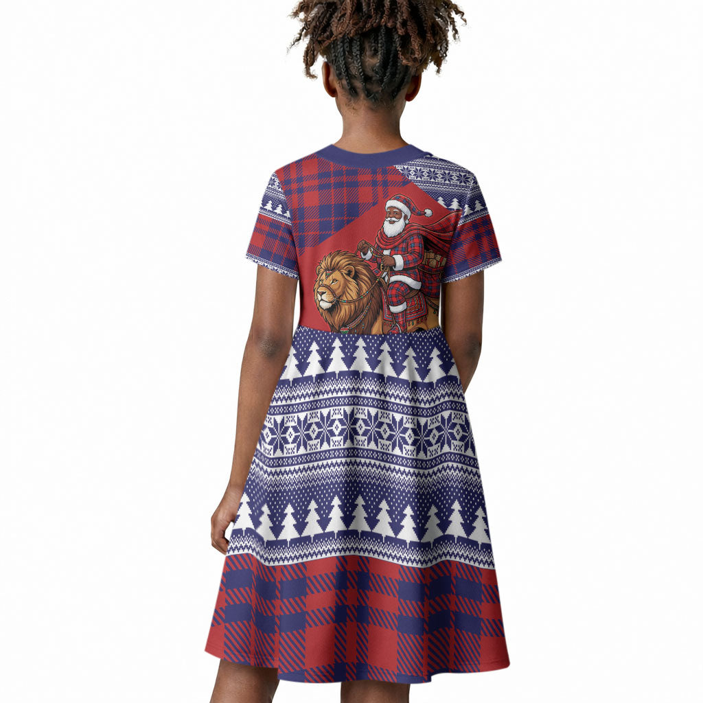 Kenya Christmas Santa Lion Kid Short Sleeve Dress Maasai Shuka Inspired Red Check