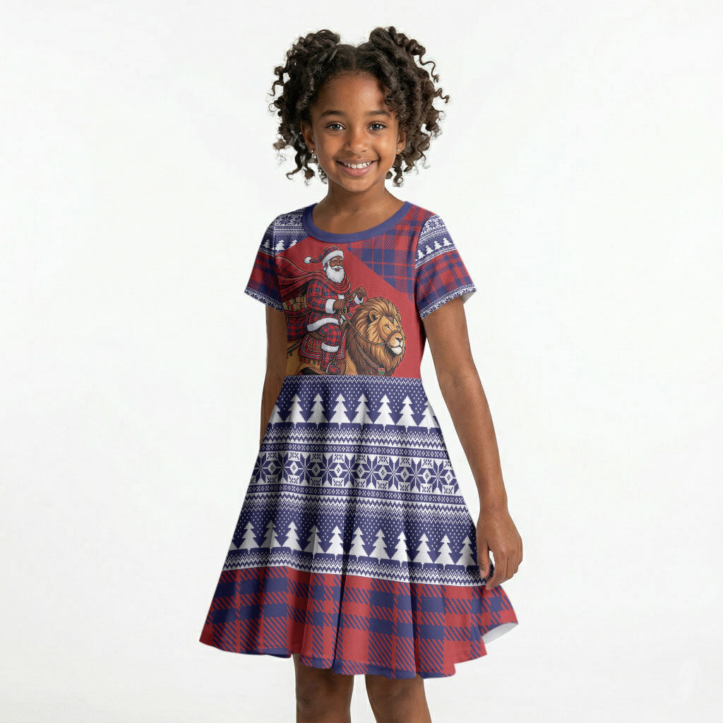 Kenya Christmas Santa Lion Kid Short Sleeve Dress Maasai Shuka Inspired Red Check