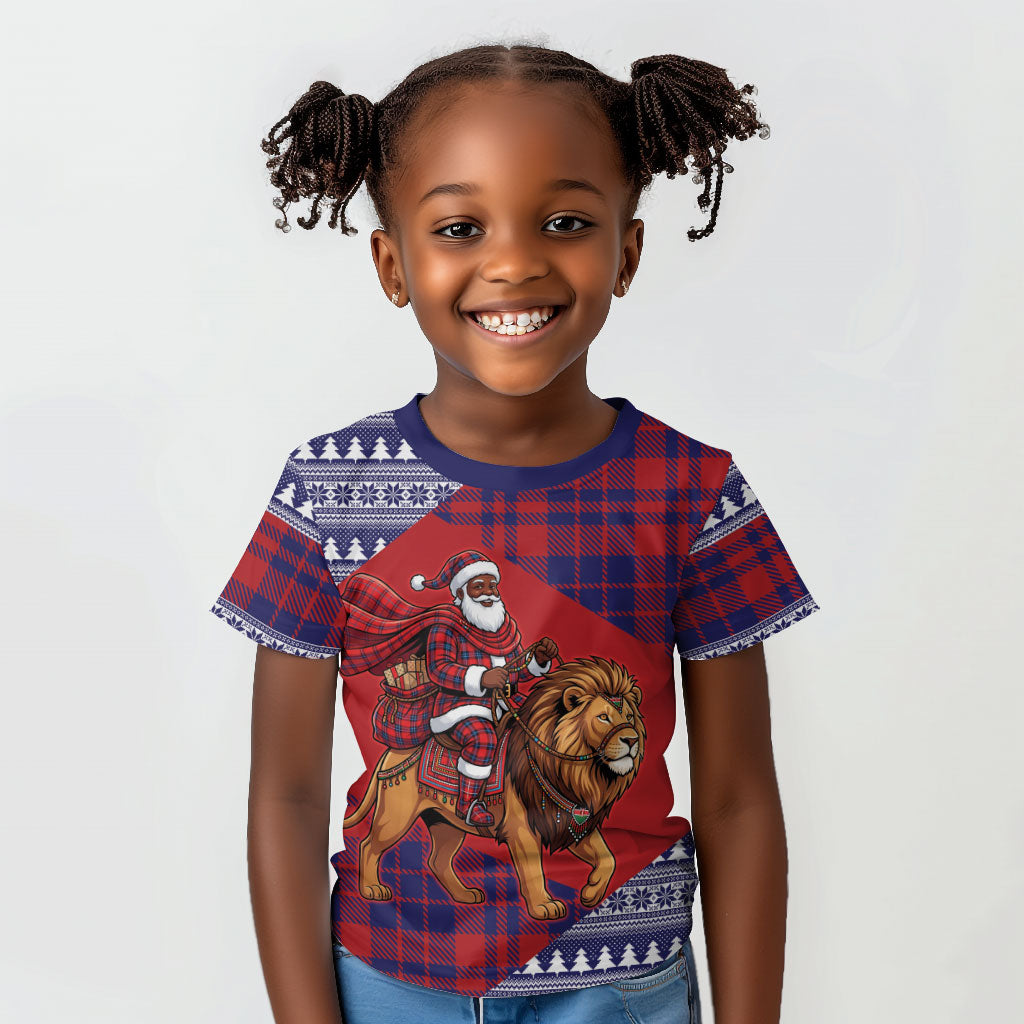 Kenya Christmas Santa Lion Kid T shirt Maasai Shuka Inspired Red Check