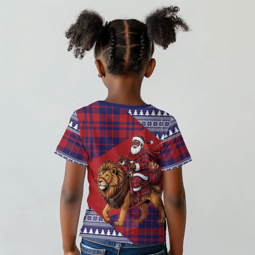Kenya Christmas Santa Lion Kid T shirt Maasai Shuka Inspired Red Check