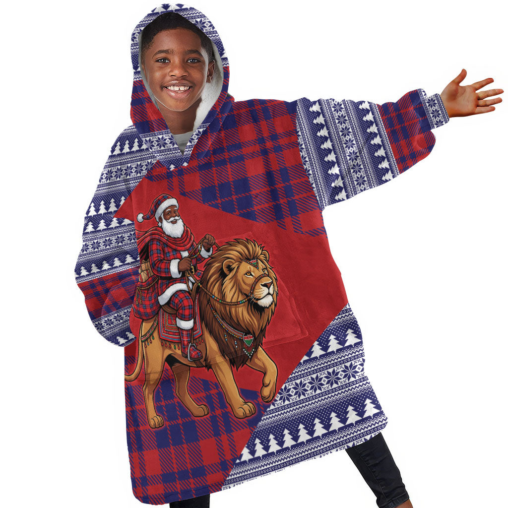 Kenya Christmas Santa Lion Kid Wearable Blanket Hoodie Maasai Shuka Inspired Red Check