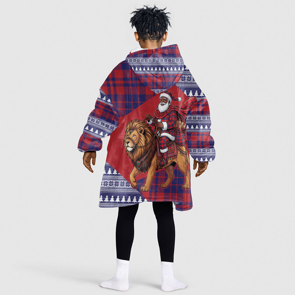 Kenya Christmas Santa Lion Kid Wearable Blanket Hoodie Maasai Shuka Inspired Red Check