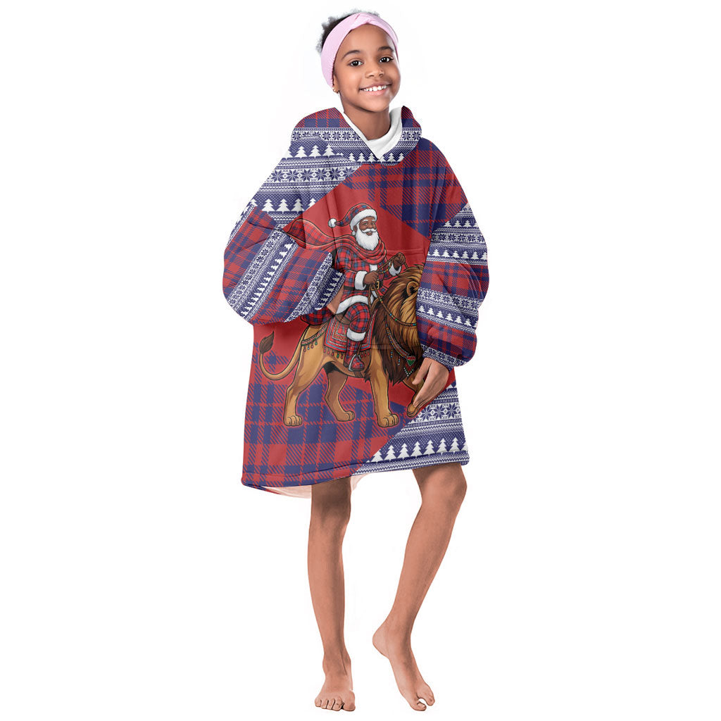 Kenya Christmas Santa Lion Kid Wearable Blanket Hoodie Maasai Shuka Inspired Red Check