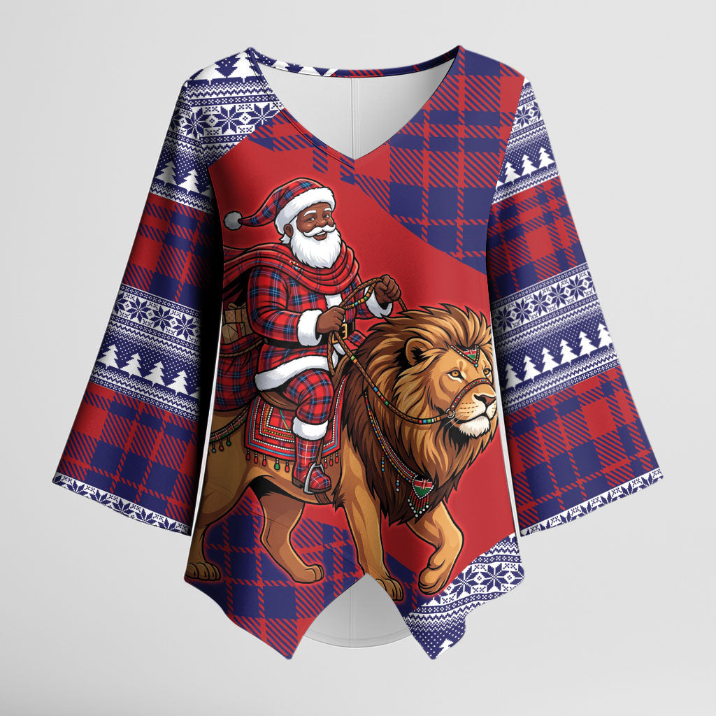 Kenya Christmas Santa Lion Kimono Sleeve Blouse Maasai Shuka Inspired Red Check