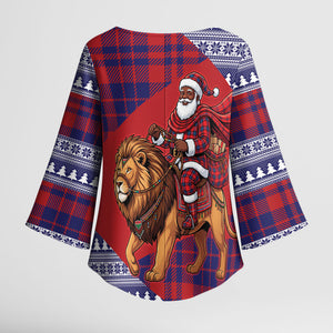 Kenya Christmas Santa Lion Kimono Sleeve Blouse Maasai Shuka Inspired Red Check