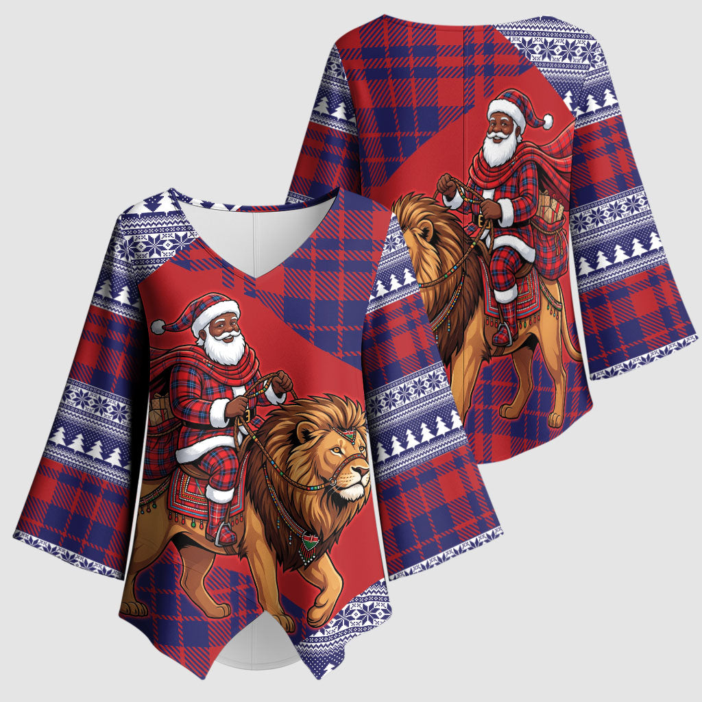 Kenya Christmas Santa Lion Kimono Sleeve Blouse Maasai Shuka Inspired Red Check