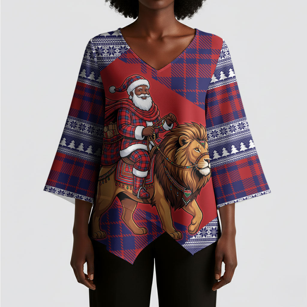 Kenya Christmas Santa Lion Kimono Sleeve Blouse Maasai Shuka Inspired Red Check