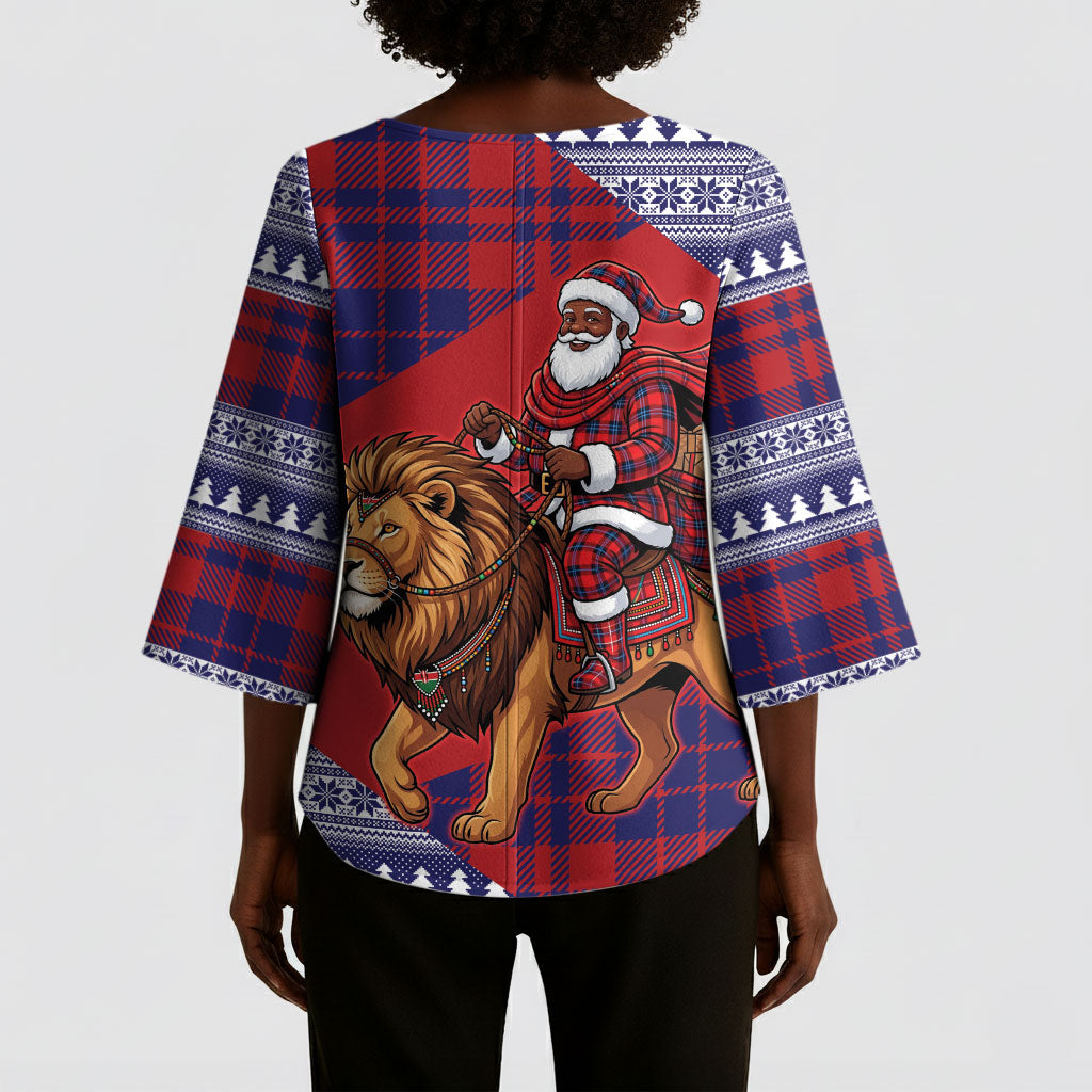 Kenya Christmas Santa Lion Kimono Sleeve Blouse Maasai Shuka Inspired Red Check