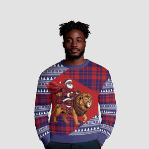 Kenya Christmas Santa Lion Ugly Christmas Sweater Maasai Shuka Inspired Red Check