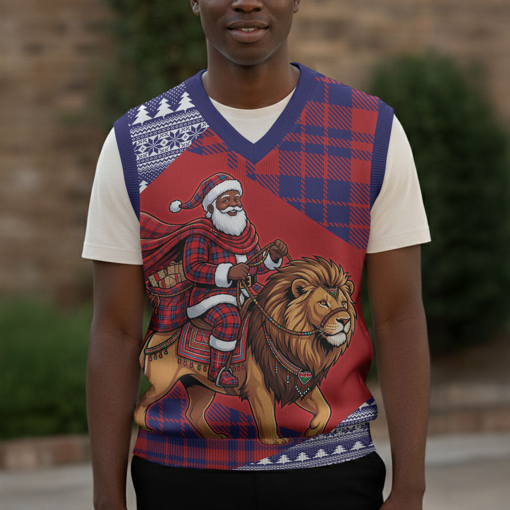 Kenya Christmas Santa Lion Christmas Knitted V-Neck Vest Maasai Shuka Inspired Red Check