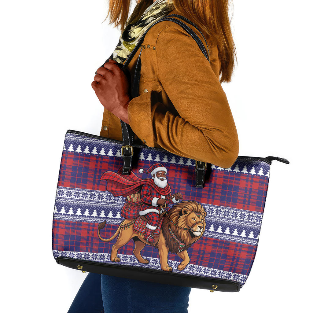 Kenya Christmas Santa Lion Leather Tote Bag Maasai Shuka Inspired Red Check