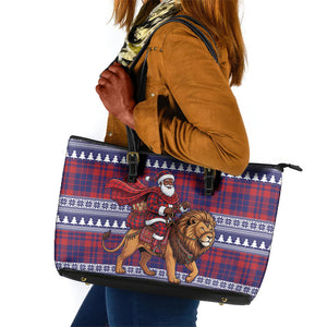 Kenya Christmas Santa Lion Leather Tote Bag Maasai Shuka Inspired Red Check