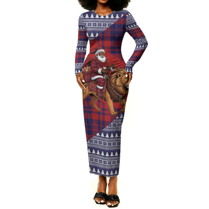 Kenya Christmas Santa Lion Long Sleeve Bodycon Dress Maasai Shuka Inspired Red Check