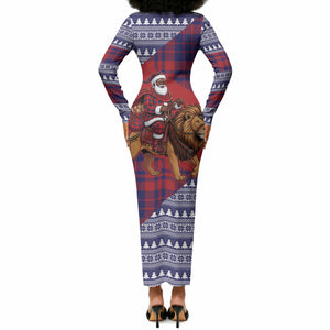 Kenya Christmas Santa Lion Long Sleeve Bodycon Dress Maasai Shuka Inspired Red Check