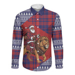 Kenya Christmas Santa Lion Long Sleeve Button Shirt Maasai Shuka Inspired Red Check