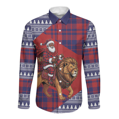 Kenya Christmas Santa Lion Long Sleeve Button Shirt Maasai Shuka Inspired Red Check