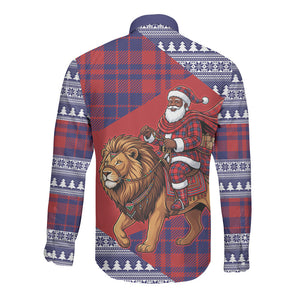 Kenya Christmas Santa Lion Long Sleeve Button Shirt Maasai Shuka Inspired Red Check