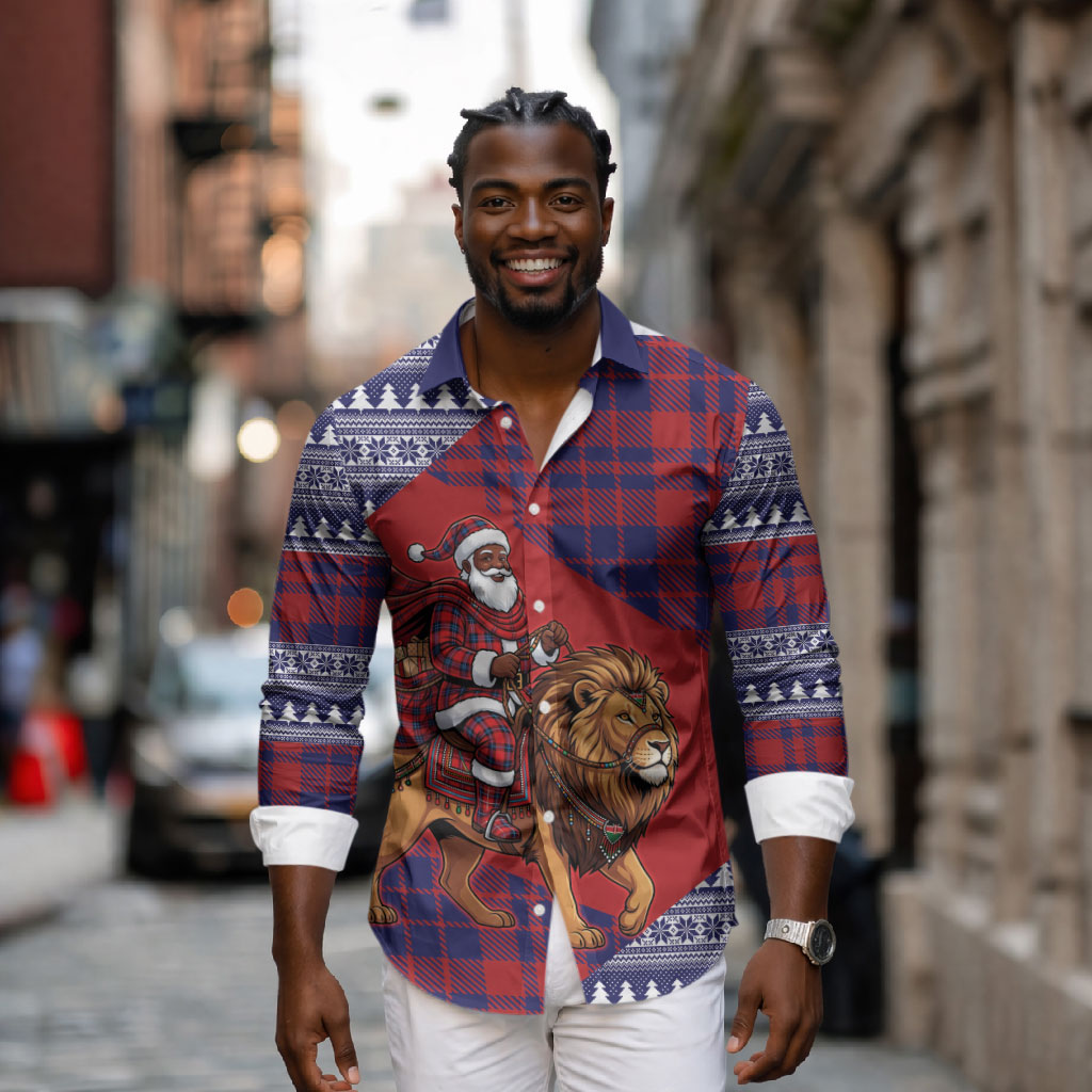 Kenya Christmas Santa Lion Long Sleeve Button Shirt Maasai Shuka Inspired Red Check