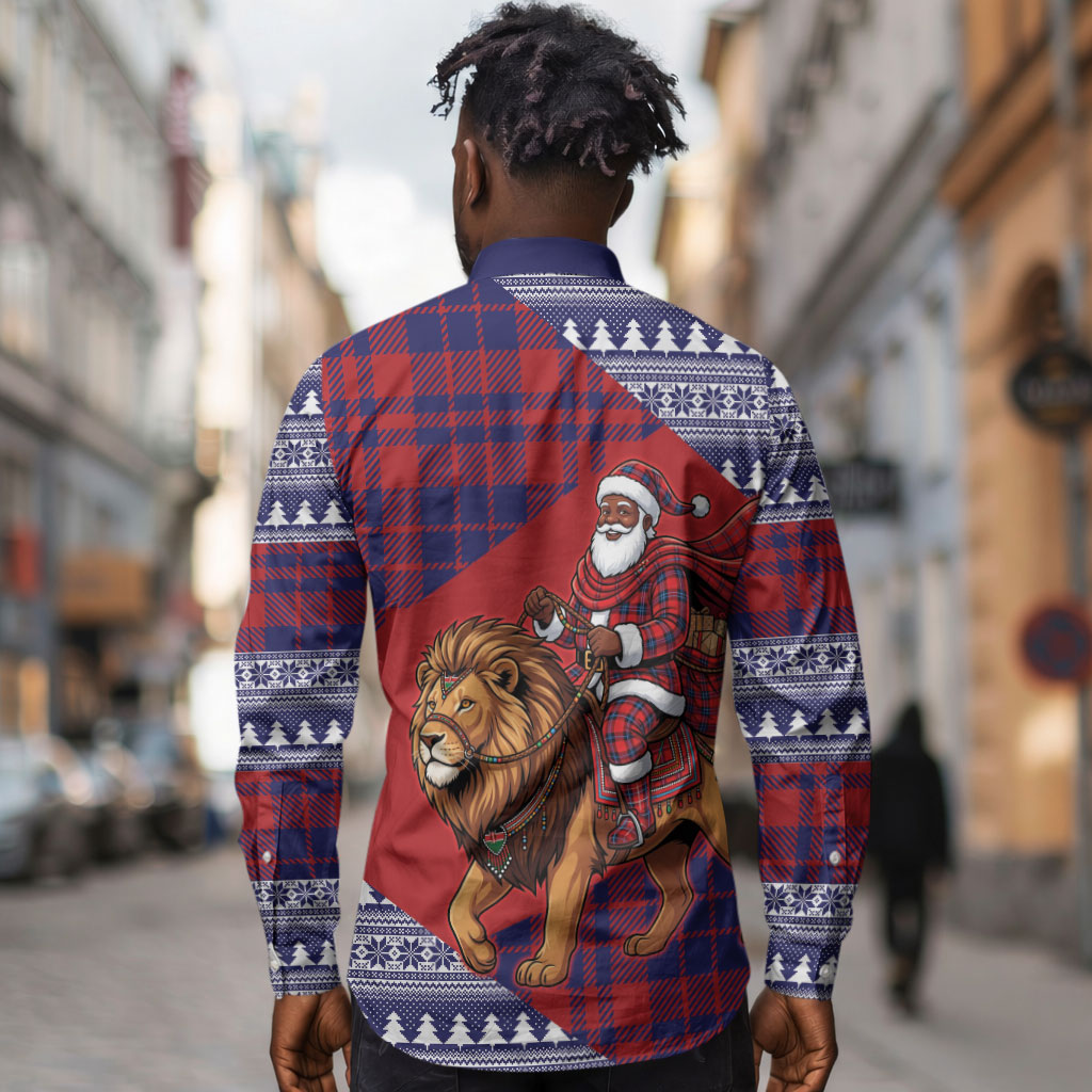 Kenya Christmas Santa Lion Long Sleeve Button Shirt Maasai Shuka Inspired Red Check